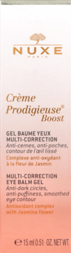 Nuxe Crème Prodigieuse Boost żelowy balsam pod oczy z jaśminem, białe opakowanie z napisami, widok z przodu.