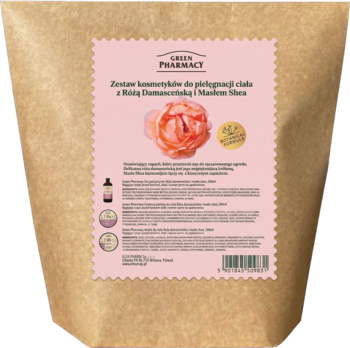 Zestaw do pielęgnacji ciała Green Pharmacy Róża Damasceńska i Masło Shea w jasnobrązowej torbie, widok z przodu.