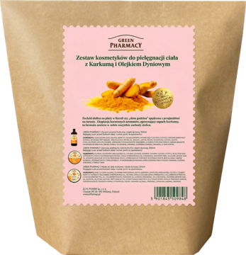 Zestaw kosmetyków Green Pharmacy z kurkumą i olejkiem dyniowym w beżowej torbie, z różową etykietą, widok z przodu.