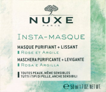 Nuxe Insta-Masque, różano-glinkowa maska oczyszczająco-wygładzająca, w jasnozielonym pudełku, widok z przodu.