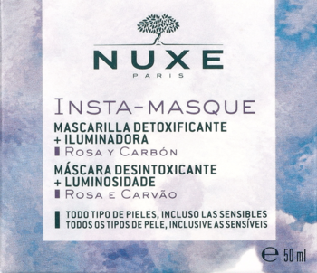 Biało-fioletowe opakowanie Nuxe Insta-Masque 50 ml, maska detoksykująca z różą i węglem, widok z przodu.