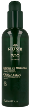 Ciemnozielona butelka Nuxe Bio Organic Moringa Seeds Micellar Water z pompką, widok z przodu.