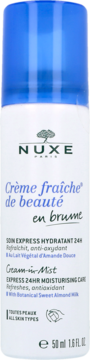 Nuxe Crème fraîche de beauté en brume, nawilżający krem w mgiełce 50ml, biała butelka z niebieską nakrętką, widok z przodu.