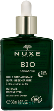 Nuxe Bio Organic Ultimate Recovery Oil, ciemnozielona butelka z kroplomierzem, odżywczo-regenerujący olejek na noc.