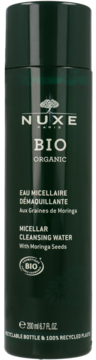 Organiczna woda micelarna Nuxe Bio Organic z nasionami Moringa w ciemnozielonej butelce, widok z przodu.