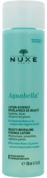 Nuxe Aquabella Lotion-Essence for combination skin in a tall teal bottle with white cap, front view.