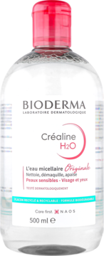 Bioderma Créaline H2O płyn micelarny 500ml do skóry wrażliwej, przezroczysta butelka z czerwoną nakrętką.