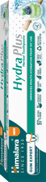 Himalaya Hydra Plus Herbal Pasta do zębów, zielono-biały banner. Nawilża usta od 1. dnia, ekspert dziąseł.