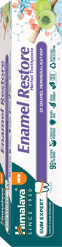 Himalaya Enamel Restore Herbal Toothpaste box, white and teal with purple band, front view, 2X enamel remineralisation.