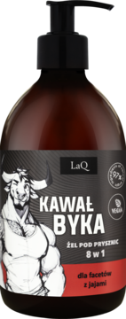 LaQ Kawał Byka 8w1, męski żel pod prysznic z żeń-szeniem w brązowej butelce z pompką, 97% naturalny, front.