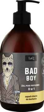 LaQ BAD BOY żel pod prysznic 8w1, butelka z pompką, etykieta z wilkiem w okularach i garniturze.