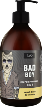 LaQ BAD BOY żel pod prysznic 8w1, butelka z pompką, etykieta z wilkiem w okularach i garniturze.