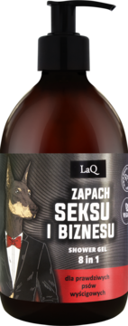 Żel pod prysznic LaQ, ciemna butelka z pompką, etykieta z psem Dobermanem w garniturze, zapach Seks i Biznes 8w1, widok z przodu.