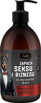 LaQ Żel pod prysznic 'Zapach Seksu i Biznesu' 8w1, brązowa butelka, front, doberman w garniturze.