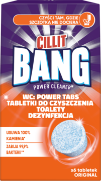 Fioletowo-pomarańczowe opakowanie Cillit Bang WC Power Tabs, tabletki do czyszczenia i dezynfekcji toalet, widok z przodu.
