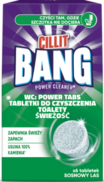 Cillit Bang Power Tabs, tabletki do czyszczenia toalety o zapachu sosnowego lasu, w fioletowo-zielonym opakowaniu z białymi tabletkami.
