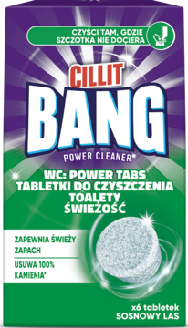 Cillit Bang Power Tabs, tabletki do czyszczenia toalety o zapachu sosnowego lasu, w fioletowo-zielonym opakowaniu z białymi tabletkami.