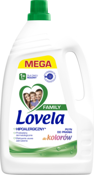 Lovela Family, hipoalergiczny płyn do prania kolorowych ubrań dla całej rodziny, biała butelka, widok z przodu.