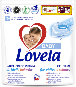 Białe opakowanie Lovela Baby Hipoalergiczne kapsułki do prania 60 szt., dla bieli i kolorów, z matką i dzieckiem.