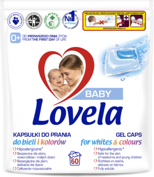 Białe opakowanie Lovela Baby Hipoalergiczne kapsułki do prania 60 szt., dla bieli i kolorów, z matką i dzieckiem.