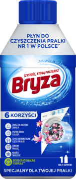 Bryza płyn do czyszczenia pralki, biała butelka z niebieską etykietą, nr 1 w Polsce, widok z przodu.