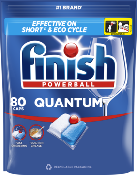 Niebieska saszetka Finish Powerball Quantum 80 kapsułek do zmywarki, widok z przodu. Podkreślona skuteczność na krótkim cyklu.