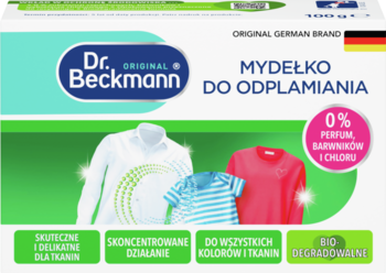 Front opakowania mydełka Dr. Beckmann do odplamiania, z hasłami „0% barwników” i „bio-degradowalne”.