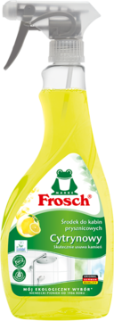 Frosch Cytrynowy środek do kabin prysznicowych, żółty spray, skutecznie usuwa kamień, widok z przodu.