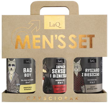 LAQ Czyściopak ,zestaw dla mężczyzn, 3 x żel pod prysznic 8w1: Bad Boy + Zapach Seksu i Biznesu + Ryszard z Bieszczad,przód