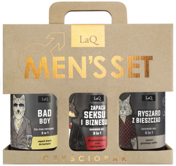 LaQ Men's Set, kartonowe pudełko, trzy żele pod prysznic: Bad Boy, Zapach Seksu i Biznesu, Ryszard z Bieszczad.
