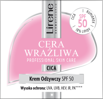Lirene krem odżywczy SPF 50 dla cery wrażliwej, z cicą i rumiankiem, biała tuba z różowym logo.