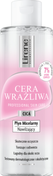 Lirene Płyn Micelarny Nawilżający do cery wrażliwej, różowa butelka z białym korkiem, widok z przodu.