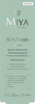 Miya Beauty.lab Serum odbudowujące barierę hydrolipidową, lekka emulsja, na jasnym opakowaniu, przód.