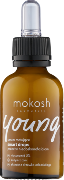Mokosh Young Smart Drops matujące serum przeciw niedoskonałościom w bursztynowej butelce z pipetą, z przodu.