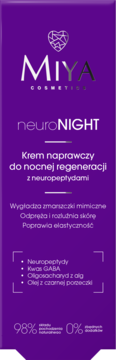 Fioletowy krem naprawczy MIYA neuroNIGHT z neuropeptydami, do nocnej regeneracji skóry, widok z przodu.