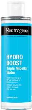 Neutrogena Hydro Boost Triple Micellar Water z kwasem hialuronowym w przezroczystej butelce, widok z przodu.