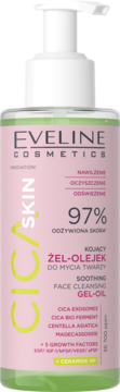 Eveline CICA Skin Żel-olejek kojący do mycia twarzy, różowa butelka z białą pompką, widok z przodu.