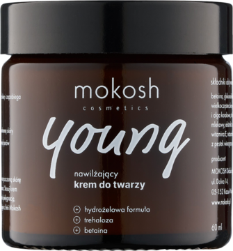 Mokosh Young nawilżający krem do twarzy z trehalozą, w brązowym słoiku z czarną nakrętką, widok z przodu.