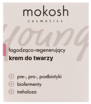 Mokosh Young łagodząco-regenerujący krem do twarzy, białe pudełko, widok z przodu, z pre-, pro-, postbiotykami.
