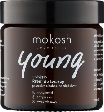 Brązowy słoik matującego kremu do twarzy Mokosh Young z niacynamidem, widok z przodu.