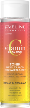 Pionowa butelka Eveline Vitamin C 3x Action tonik. Pomarańczowo-żółta etykieta z napisem: MOISTURIZING & ILLUMINATING TONER.
