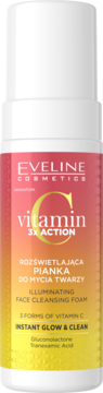 Eveline Vitamin C pianka rozświetlająca do twarzy w biało-pomarańczowej butelce z pompką, widok z przodu.