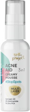 White Selfie Project ACNE AID Creamy Mousse, 3in1, with pump dispenser, visible front label.