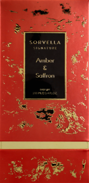 Czerwone pudełko perfum Sorvella Signature Amber & Saffron 100ml ze złotymi detalami, widok z przodu.