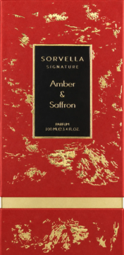 Perfumy Sorvella Signature Amber & Saffron, czerwone opakowanie ze złotymi wzorami, czarna etykieta, widok z przodu.