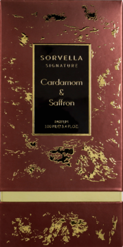 Eleganckie, czerwone pudełko perfum Sorvella Signature Cardamom & Saffron 100ml, ze złotymi detalami, widok z przodu.