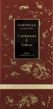 Czerwone opakowanie perfum Sorvella Signature Cardamom & Saffron 100ml ze złotym roślinnym wzorem.