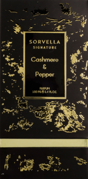 SORVELLA Signature Cashmere & Pepper 100ml perfume box, black with textured gold pattern, front view.