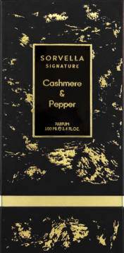 Czarno-złote pudełko Sorvella Signature Cashmere & Pepper parfum, 100ml, z abstrakcyjnym wzorem i złotym paskiem.