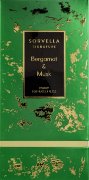Zielone pudełko perfum Sorvella Bergamot & Musk ze złotymi wzorami, widok z przodu, pojemność 100 ml.